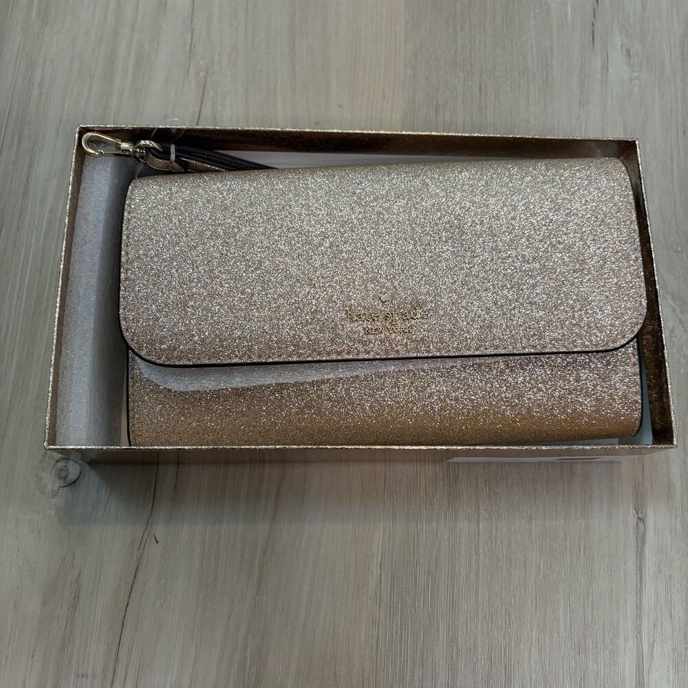 Kate Spade K9255 Medium Flap Phone Wristlet Wallet Glitter Gold In Gift Box